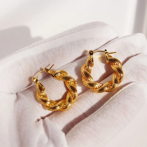 Vintage Goudkleurige Gedraaide Creolen Voor Dames Dik Spiraalvormig Gevlochten Ontwerp Messing Metaal Retro Sieraden