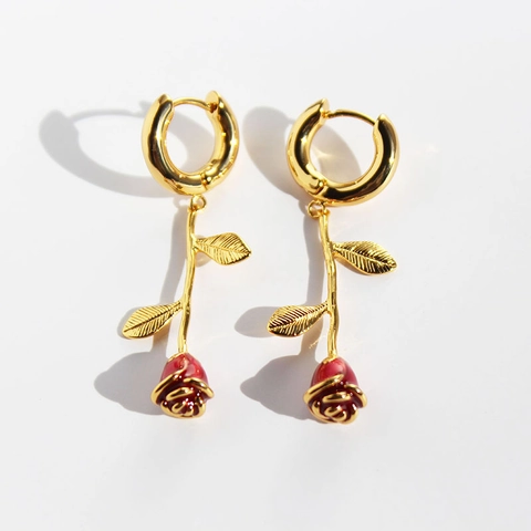 Red Rose Dangle Hoop Earrings French Vintage Brass Enamel Long Flower Jewelry For Women Elegant Romantic Floral Accessory