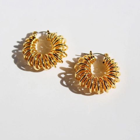 Women Unique Spiral Coiled Hoop Earrings Gold Plated Brass Spring Hollow Winding Fashion Jewelry Round Earrings Gift