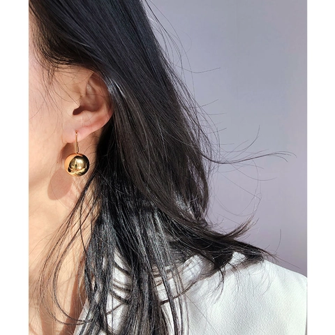 Polished Copper Gold Ball Dangle Earrings Minimalist Mirror Finish Round Sphere Drop Jewelry For Women