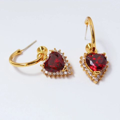 Vintage Rote Herz Zirkon Tropfenohrringe Kupfer Pavé Strass Mit Silbernem Ohrstecker Elegant Für Damen