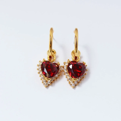 Vintage Rote Herz Zirkon Tropfenohrringe Kupfer Pavé Strass Mit Silbernem Ohrstecker Elegant Für Damen