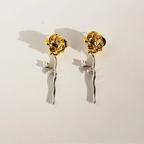 Vintage 3D Rose Flower Stud Earrings Brass Real Gold Plated With 925 Sterling Silver Earring Post Metallic Contrast Color