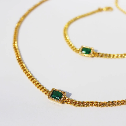 Collana E Bracciale In Ottone Placcato Oro Vintage Con Pendente A Cerchio In Zircone Verde Smeraldo Rettangolare Per Donna Retrò