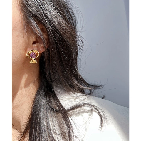 Orecchini a Bottone a Forma di Bouquet di Fiori Creativi Vintage per Donna in Ottone Placcato Oro con Zirconi Colorati Pieghettati con Perno in Argento Gioielli Regalo