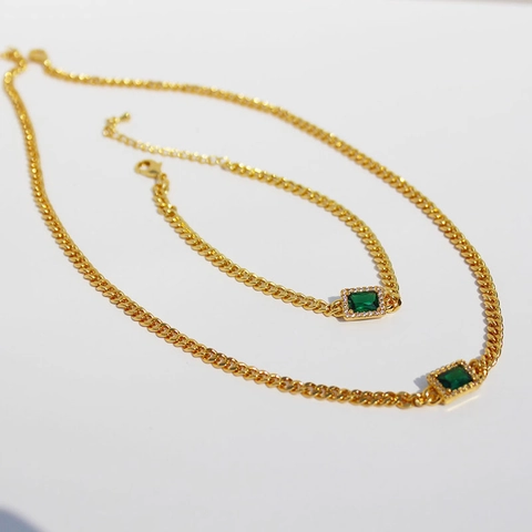 Collana E Bracciale In Ottone Placcato Oro Vintage Con Pendente A Cerchio In Zircone Verde Smeraldo Rettangolare Per Donna Retrò