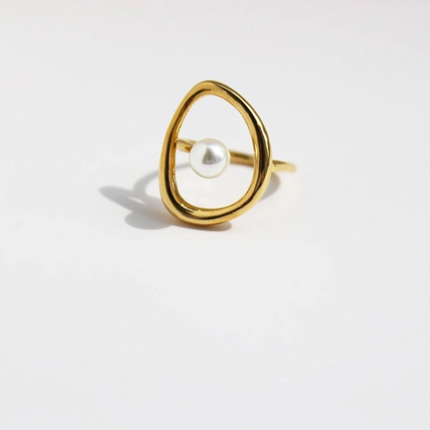 Abstract Geometric Hollow Brass Ring With Artificial Pearl Minimalist Artistic Gold Plated Jewelry For Women