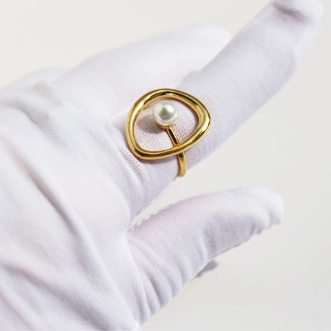 Abstract Geometric Hollow Brass Ring With Artificial Pearl Minimalist Artistic Gold Plated Jewelry For Women