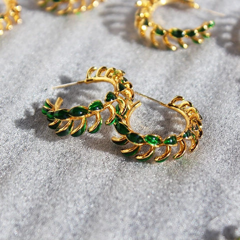 Handgefertigte Retro Creolen Mit Grünen Emaille Blättern Messing Schmuck Mit Silver Earring Post Für Frauen