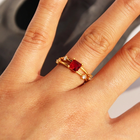 Anello Aperto in Ottone Vintage Con Zirconia Cubica Taglio Smeraldo Quadrato Verde Rosso Pietra Doppio Strato Regolabile Donna