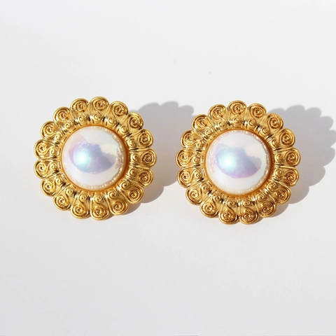 Vintage French Sunflower Clip On Earrings Brass With Iridescent Artificial Pearl Zircon Large Retro Floral Non Pierced Jewelry Women