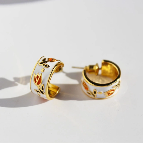 Orecchini A Cerchio In Ottone Con Fiori Di Tulipano In Smalto E Perno In Argento Stile Retrò Francese Da Donna