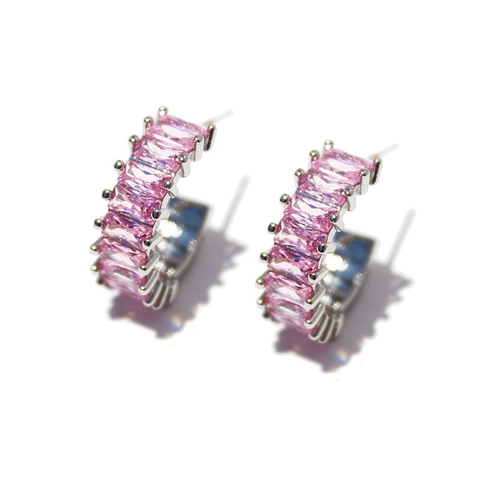 Orecchini A Cerchio A C Con Zirconi Baguette Rosa Silver Earring Post Base In Ottone Gioielli Geometrici Di Lusso