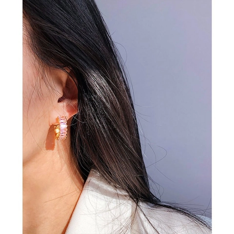 Orecchini A Cerchio A C Con Zirconi Baguette Rosa Silver Earring Post Base In Ottone Gioielli Geometrici Di Lusso