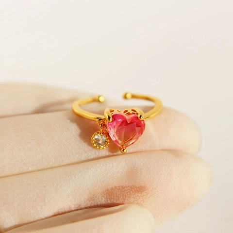 Anello Zircone Cuore Ottone Placcato Oro Pietra Rosa Sfumata Ciondolo Aperto Regolabile Gioielli Raffinati Da Donna
