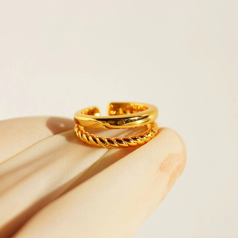 Double Layer Twisted Rope Ring Gold Plated Brass Adjustable Minimalist Geometric Finger Jewelry For Women