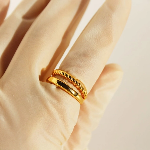 Double Layer Twisted Rope Ring Gold Plated Brass Adjustable Minimalist Geometric Finger Jewelry For Women