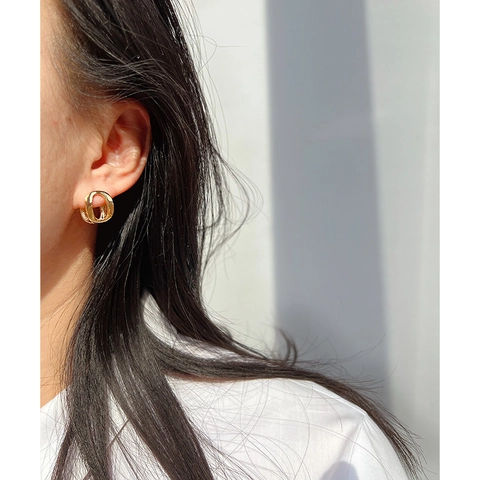 Messing Verguld Geometrisch Ovaal Hol Dubbele Ring Creolen Minimalistische Stijl Met Zirkonia Voor Vrouwen