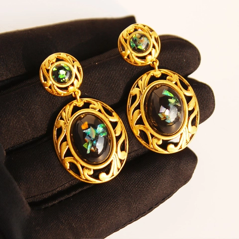 Pendientes Colgantes Ovalados De Encaje Calado Estilo Palacio Vintage Latón Resina Con Poste De Plata De Ley 925 Para Mujer