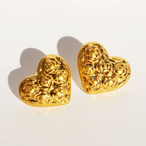 Vintage Rose Embossed Heart Stud Earrings Copper Gold Plated With 925 Sterling Silver Earring Post Elegant Women
