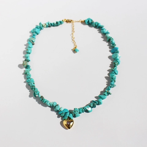Collana di Perline in Pietra Naturale Irregolare Con Ciondolo a Cuore in Ottone Placcato Oro e Zirconia Gioielli Donna