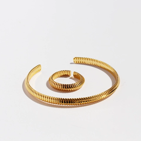 Brass Gold Plated Schmuck Offene Verstellbare Schlangenknochen Textur Armreif Und Ring Nischendesign Minimalistisch Trendy Damen