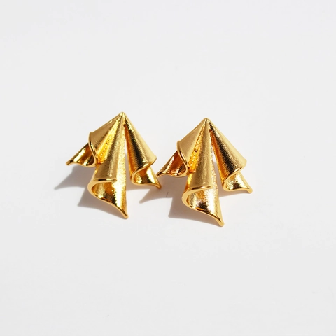 Irregular Pleated Geometric Stud Earrings Vintage Brushed Brass Jewelry With 925 Sterling Silver Earring Post For Women