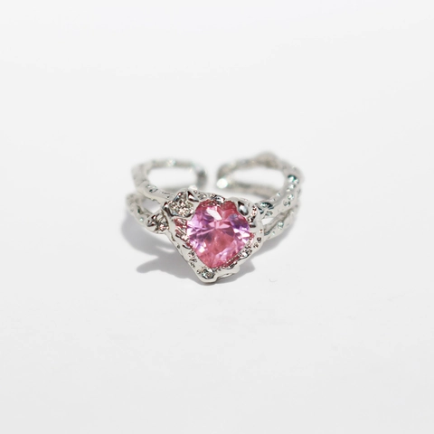 Pink Heart Zircon Ring Brass Textured Lava Band Adjustable Opening Chic Niche Design For Women Sweet Cool Style