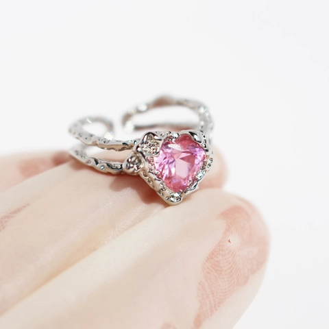 Pink Heart Zircon Ring Brass Textured Lava Band Adjustable Opening Chic Niche Design For Women Sweet Cool Style