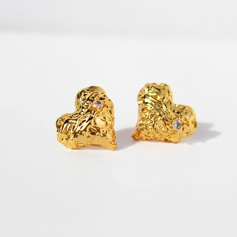 Heart Stud Earrings Brass With 925 Sterling Silver Earring Post Lava Wrinkled Texture Zircon Trendy Gold For Women