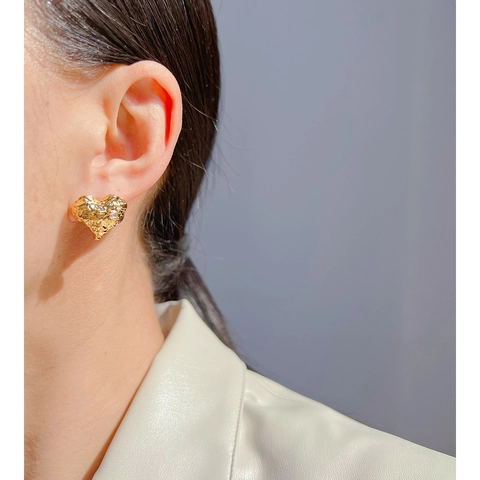 Heart Stud Earrings Brass With 925 Sterling Silver Earring Post Lava Wrinkled Texture Zircon Trendy Gold For Women