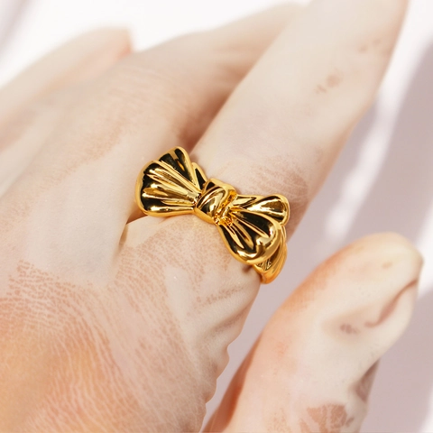Elegant Bow Ring For Women Brass Gold Plated With Zircon Adjustable Open Band Korean Style Sweet Jewelry Gift