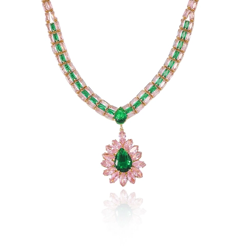 Parure de Bijoux Collier Boucles d'Oreilles Fleur en Zirconia Vert Émeraude Chaîne en Acier Inoxydable Plaqué Or pour Femme