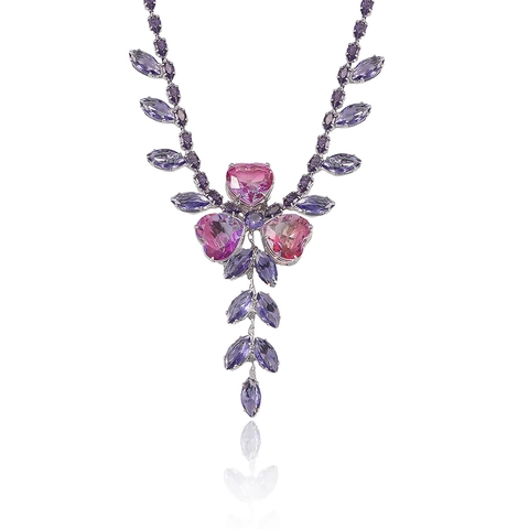 Elegante Set Di Collana E Orecchini A Cuore In Rame Zirconia Set Di Gioielli In Cristallo Sfumato Viola Rosa Per Festa Donna