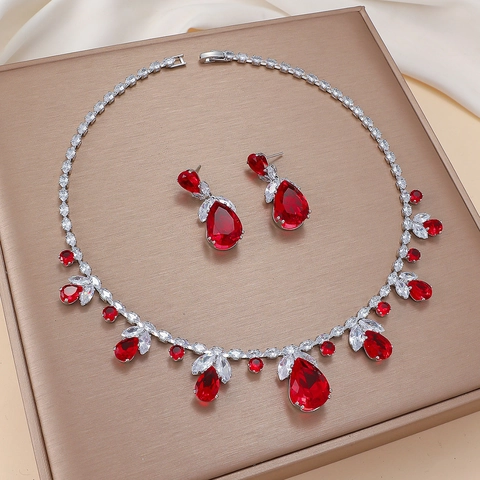 Parure Bijoux Collier Et Boucles D'oreilles Zircon Goutte D'eau Rouge Acier Titane Cuivre Femmes Mariage Fête Mode