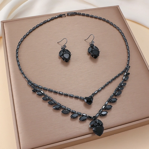 Stainless Steel Black Zircon Necklace And Dangle Earrings For Women Double Layer Heart Pendant Leaf Motif Elegant Vintage