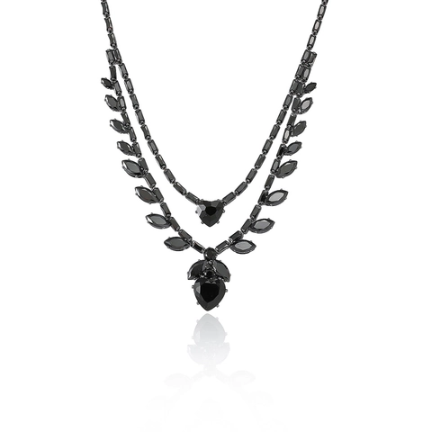 Stainless Steel Black Zircon Necklace And Dangle Earrings For Women Double Layer Heart Pendant Leaf Motif Elegant Vintage