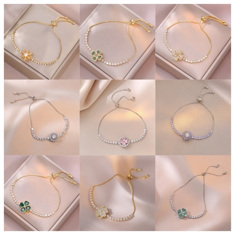 Elegantes Blumen Vierblättriges Kleeblatt Verstellbares Schiebe-Armband Kupfer Zirkonia Künstliche Perle Box Kette Damen