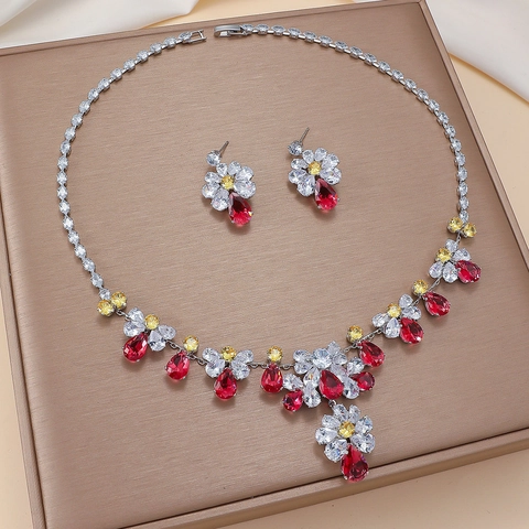 Bloem Waterdruppel Zirkoon Ketting En Oorbellen Voor Vrouwen Elegante Kleurrijke Kristallen Sieraden Bruiloft Feest