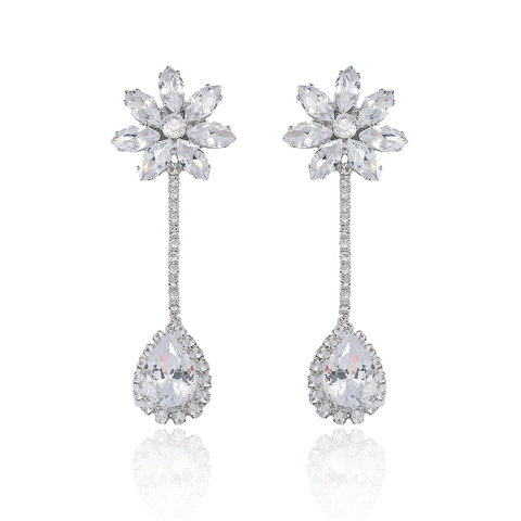 Zirconia Sunflower Pendant Necklace Long Drop Earrings Set Zirconia Alloy Silver Plated Wedding Banquet Women Jewelry