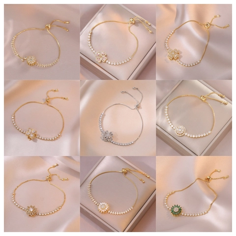 Rotating Flower Clover Bracelet For Women Stainless Steel Zirconia Adjustable Slider Clasp Fashion Jewelry Elegant Gift