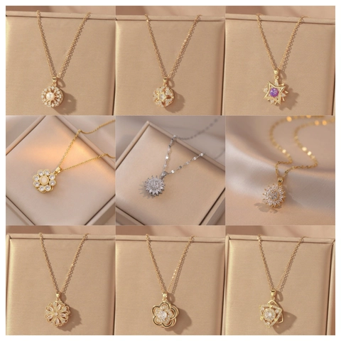 Rotating Flower Pendant Necklace Titanium Steel Zirconia Sunflower Heart Snowflake Clavicle Chain Jewelry For Women Gift