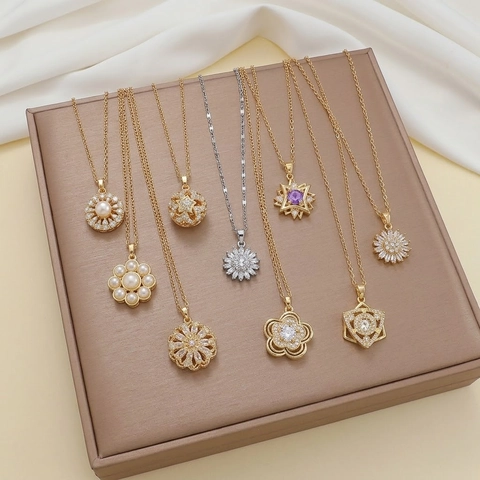 Rotating Flower Pendant Necklace Titanium Steel Zirconia Sunflower Heart Snowflake Clavicle Chain Jewelry For Women Gift