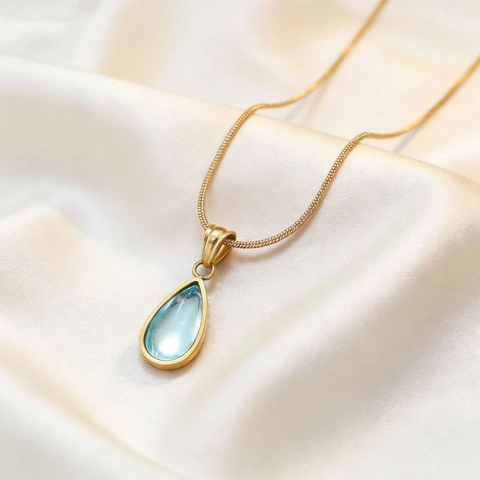Collar Con Colgante Oro Acero Inoxidable Azul Claro Gota De Agua Elegante Retro Cadena De Serpiente Joyería Mujer