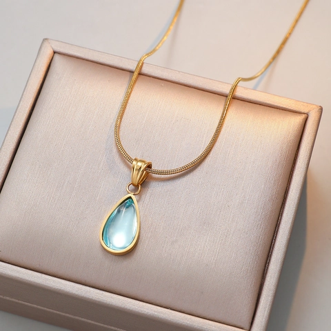 Collar Con Colgante Oro Acero Inoxidable Azul Claro Gota De Agua Elegante Retro Cadena De Serpiente Joyería Mujer