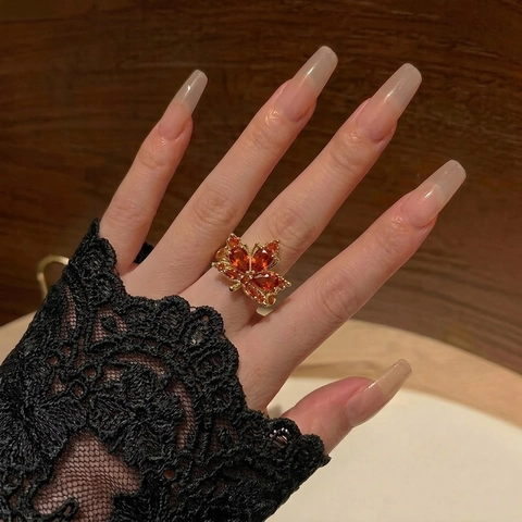 Ahornblatt Verstellbarer Ring Gold Vergoldet Messing Mit Orangefarbenem Zirkon Französischer Vintage Eleganter Schmuck