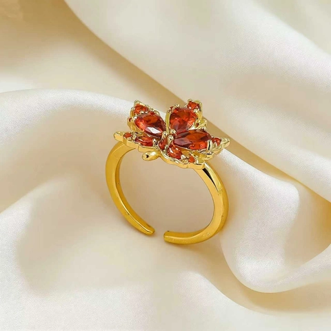 Ahornblatt Verstellbarer Ring Gold Vergoldet Messing Mit Orangefarbenem Zirkon Französischer Vintage Eleganter Schmuck