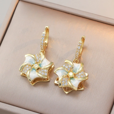 Rotating Flower Necklace Earrings Ring Stainless Steel Zircon Enamel Jewelry For Women Elegant Gradient