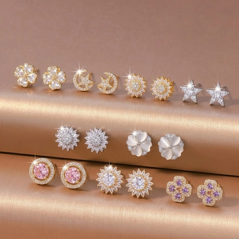 Orecchini a Bottone a Forma di Fiore in Rame e Zirconia Moda per Donna Semplici Eleganti Orecchini a Quadrifoglio Stella Luna Gioielli alla Moda Regalo