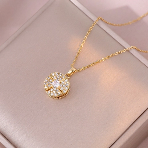 Rotating Flower Pendant Necklace And Ring Set Stainless Steel Gold Plated Zirconia Inlaid Fashion Jewelry For Women Elegant Jewelry Set